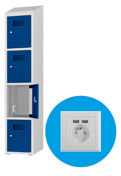 Schließfachschrank - 1 Abteil - 4 Fächer - mit Steckdose/USB - 2000x300x500 mm (HxBxT)