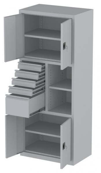 Werkstattschrank - 2 Fächer, 1 Regal und 1 + 4 Schubladen - 1950x1000x500 mm (HxBxT)