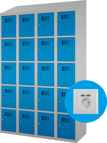 Schließfachschrank - 4 Abteile - 20 Fächer - mit Steckdose/USB - 2000x1200x500 mm (HxBxT)