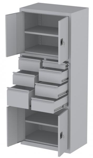 Werkstattschrank - 2 Fächer und 5 + 1 + 1 Schubladen - 1950x1000x500 mm (HxBxT)